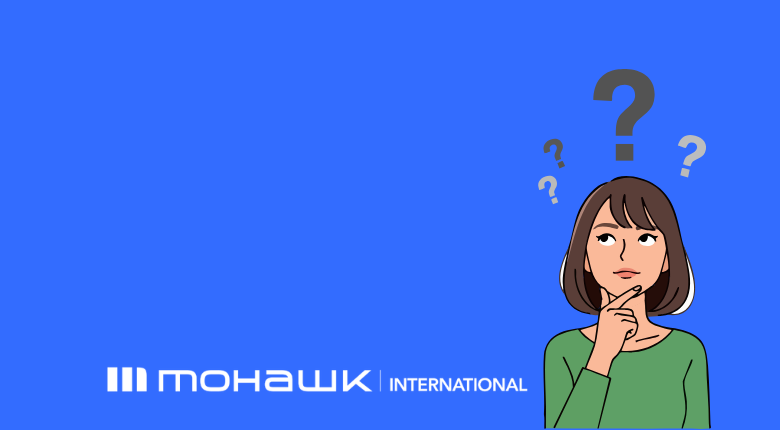 Icon of a woman with four question marks above her head and Mohawk International logo at the bottom