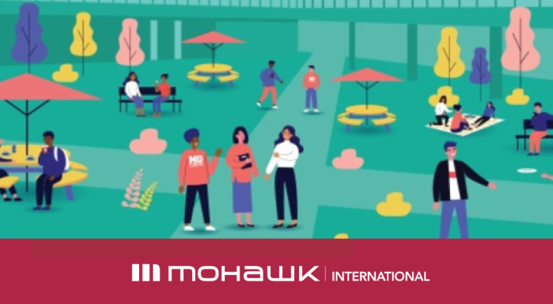 Banner with graphics of people standing and sitting together outdoors and the Mohawk International logo