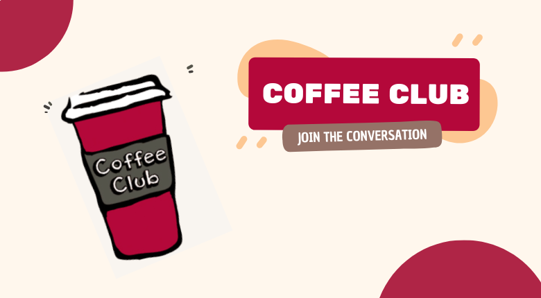 icon of a cup of coffee with a lid and the text Coffee Club on the cup. 