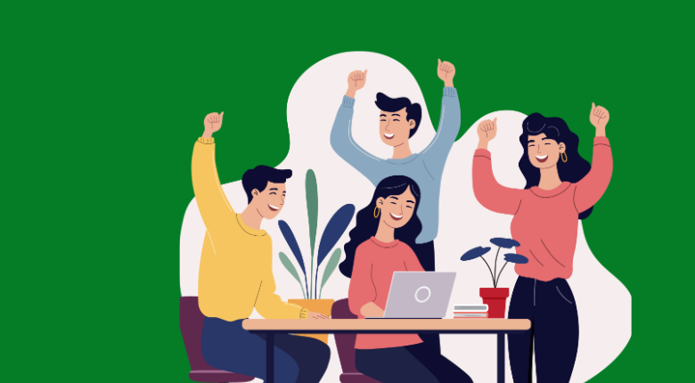 Icon of a group of four students working around a laptop