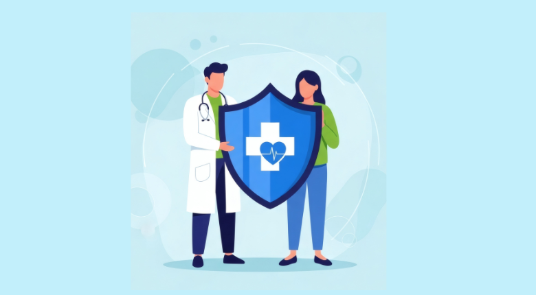 Icon of a woman and a man wearing a white coat and holding together a big sign with a white cross and a heart on it