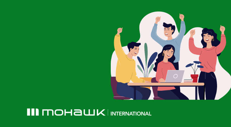 Banner with an icon of a group of four students working around a laptop and the Mohawk International logo at the left bottom section