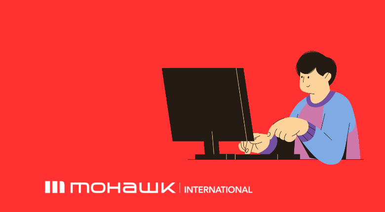 The Mohawk International logo at the left bottom corner and an icon of a person using a desktop on the right