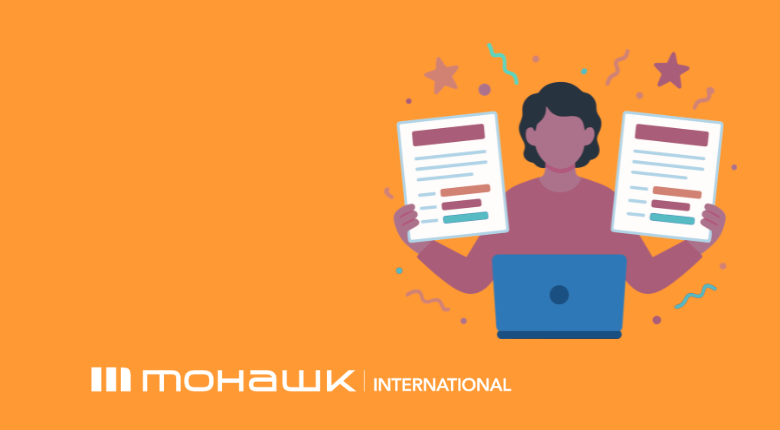 Banner with an icon of a person in front of a laptop holding a page on each hand and the Mohawk International logo at the left bottom corner
