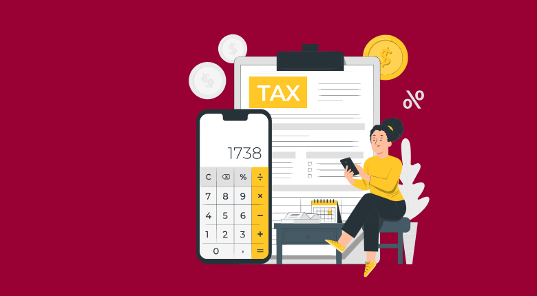 icon of a woman sitting on a chair, next to a large calculator and sheet that reads TAX on it