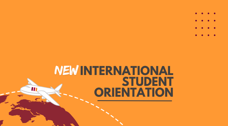 An icon showing a portion of the Earth and a plan flying above. The text reads New International Student Orientation