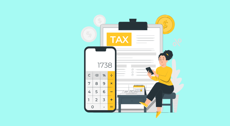 icon of a woman sitting on a chair, next to a large calculator and sheet that reads TAX on it