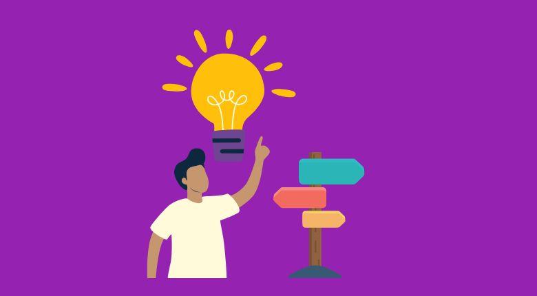 Icon of a person pointing at a large lightbulb above his head. Next to the person there is an icon of a sign with three arrows pointing at different directions