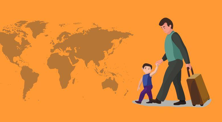 World map on an orange background and an icon of an adult man holding a child's hand and a suitcase