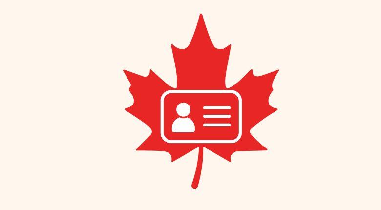 A red, large maple leaf centered in the banner with a black icon of an ID card on it