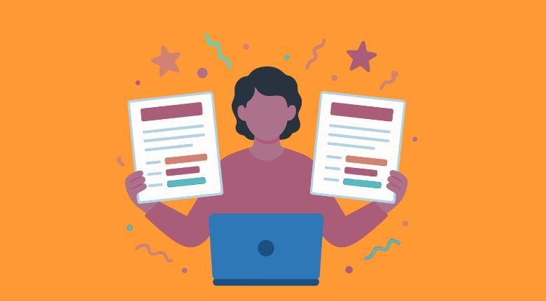 icon of a person in front of a laptop holding a page on each hand