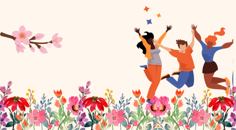banner with a flower border at the bottom, an icon of three people jumping and celebrating, and a Cherry blossom tree branch with flowers blooming