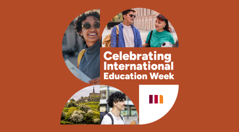 Four pictures of students abroad with message that reads Celebrating International Education Week