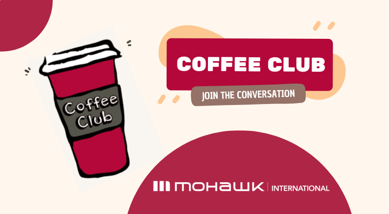 Banner with a coffee cup on it and the word Coffee Club Join the Conversation 