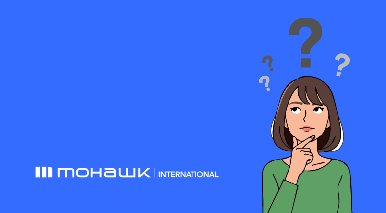 The Mohawk International logo at the low left corner and an icon of a woman with four question marks above her head
