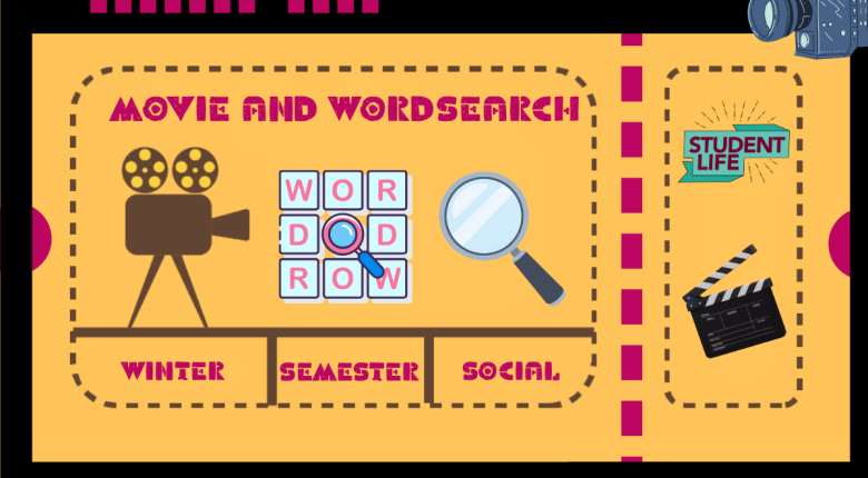 Bright poster for a Movie and Wordsearch event featuring movie and puzzle icons.