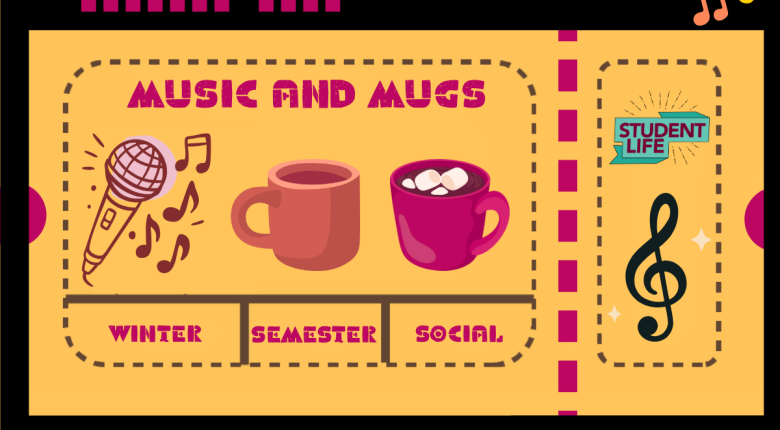 Colorful event poster promoting a Music and Mugs event featuring music icons and mugs of hot drinks.