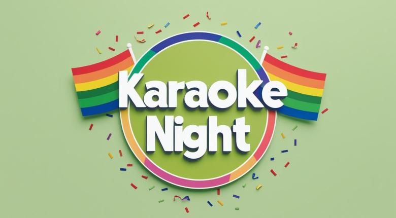 A light green background with a fun ring pattern surrounding the text. Pride flags are placed on the sides of the image. The words 'Karaoke Night' are prominently featured in the middle