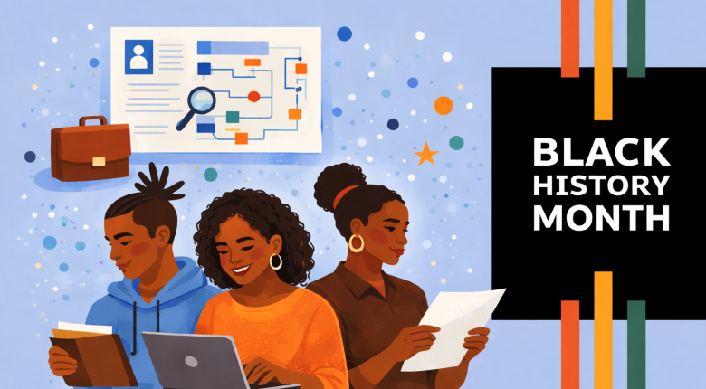 Black History Month text, yellow, red and green lines, group of people working