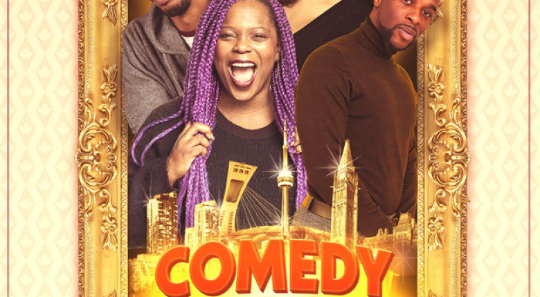 A group of four individuals with the text "Comedy Railroad" 