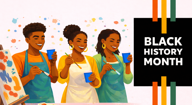 Black History Month text, yellow, red and green lines, group of people enjoying painting, holding blue cups