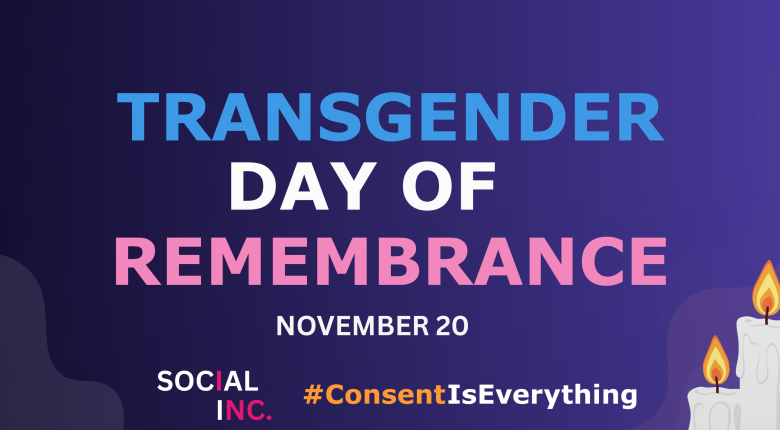 Graphic for Transgender Day of Remembrance with bold blue and pink headline, date November 20, and two lit memorial candles on a dark purple background.