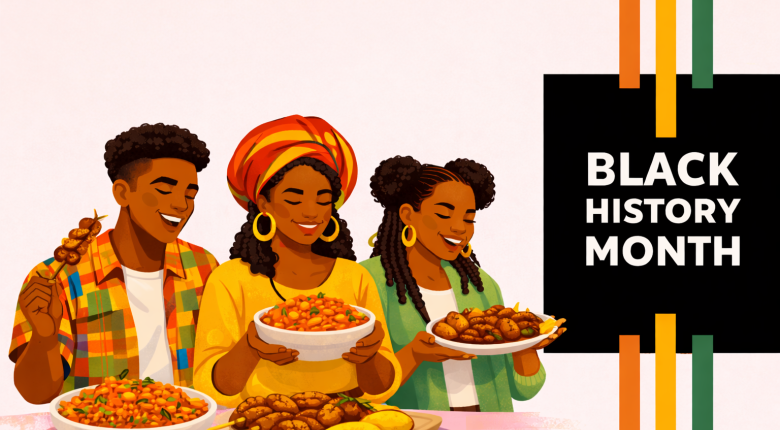 Black History Month text, yellow, red and green lines,  group of people enjoying some food