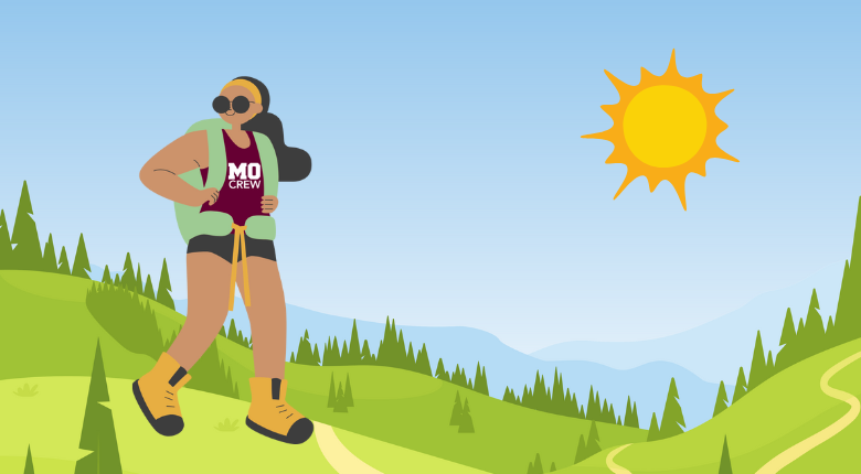 Graphic of a landscape with a hiker in a MoCrew shirt.