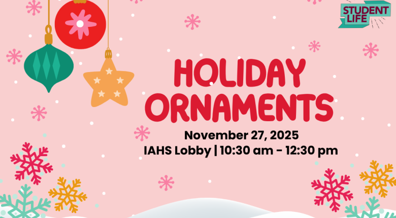 holiday ornaments hang with snowflakes and piles of snow