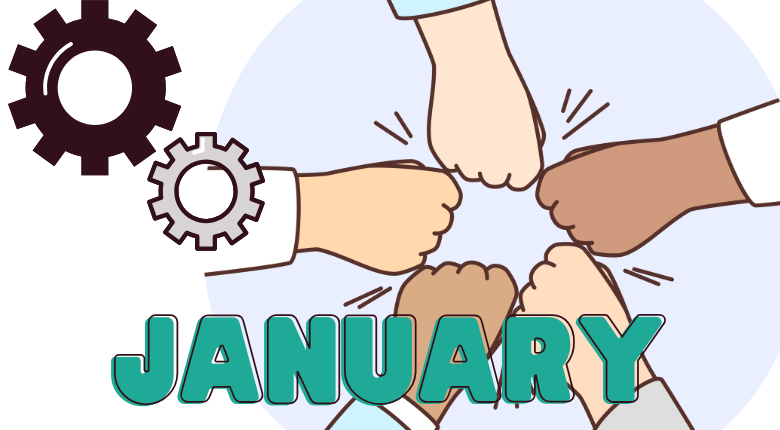hands coming together in a teamwork fist bump with the word January