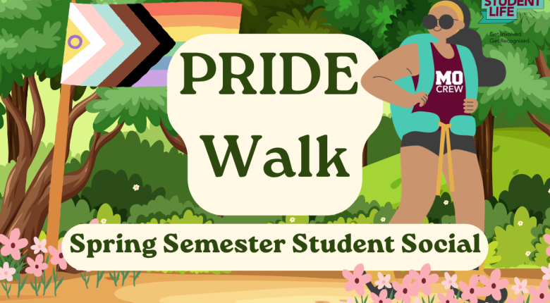 person in a MoCrew shirt and backpack hiking on a flowered trail