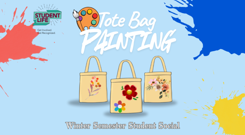 tote bags decorated, paint splashes and a paint palette. 