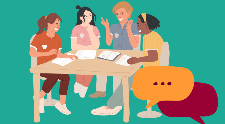 students chatting around a table, speech bubbles