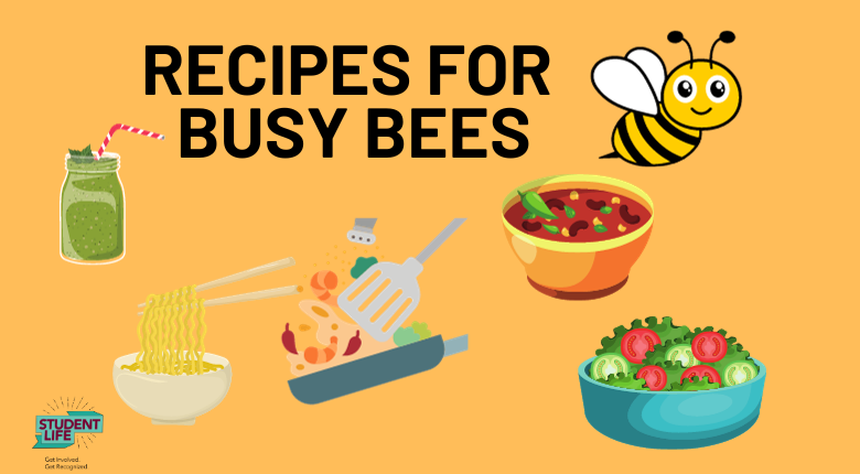 Recipes for Busy Bees on a yellow background with graphics of a cartoon bee and various food items.