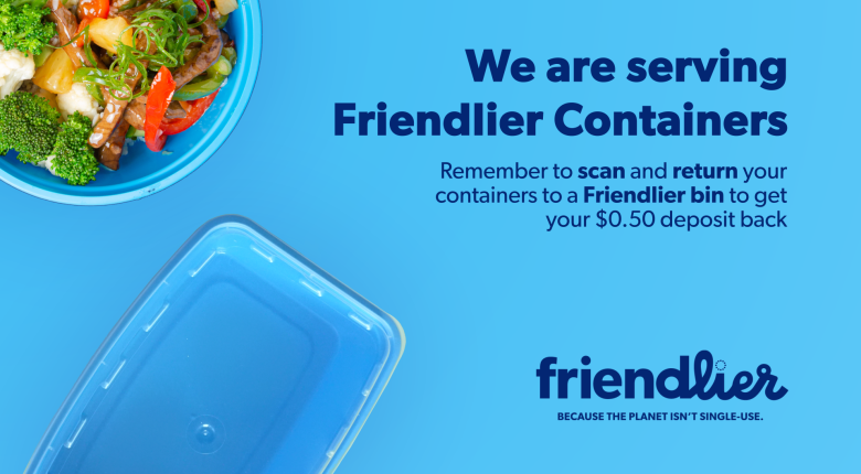 Friendlier Digital Screen that showcases blue container and has deposit info on Friendlier 