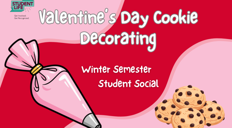 Pink and red graphic with cookies and icing, announcing a Valentine’s Day cookie-decorating event.