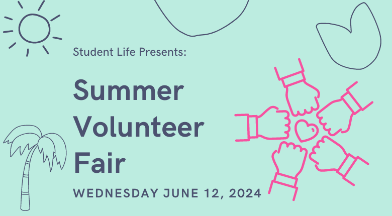 5 hands coming together, with a sunshine over a palm tree