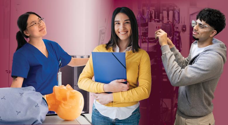 Three students on a deep red background