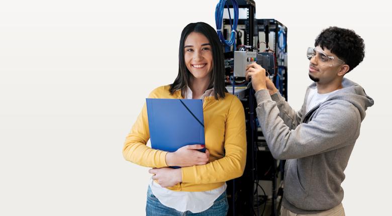 A student with books and a student working on electrical placed on a white background