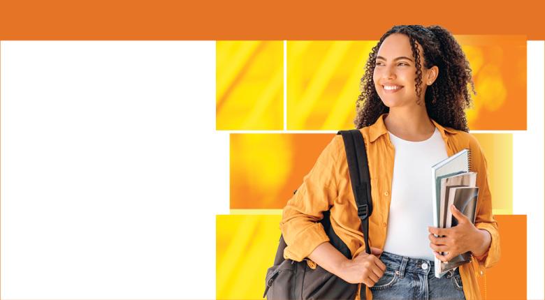 Student on orange background holding books