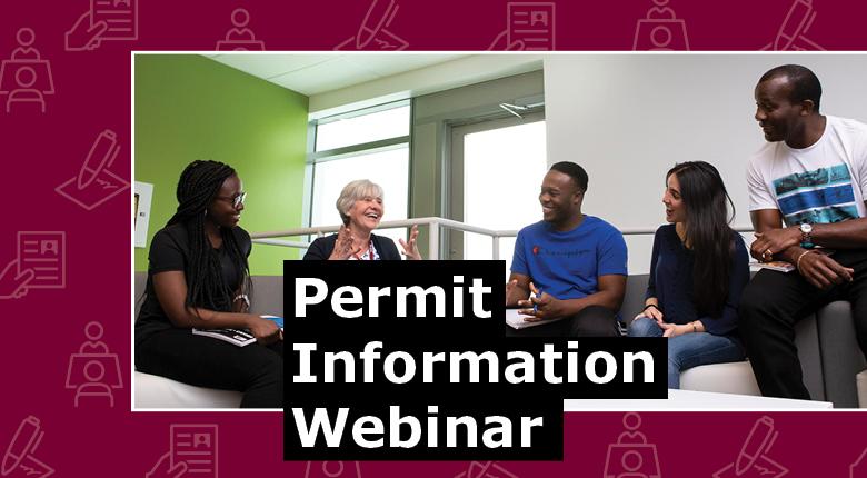 Picture showing students sitting at the table socializing with the words Permit Information Webinar