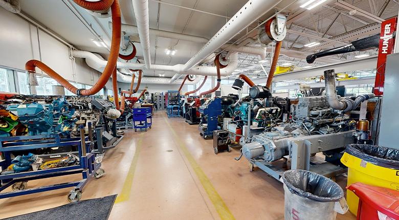 Heavy machinery in the Truck and Coach Lab at Mohawk College's Stoney Creek Campus for Skilled Trades.