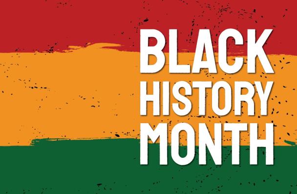 Graphic with red, orange and green colours with the text Black History Month
