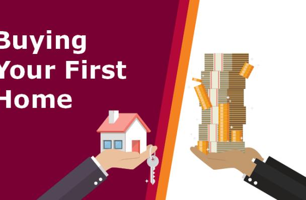 Buying Your First Home with two hands holding money and a house