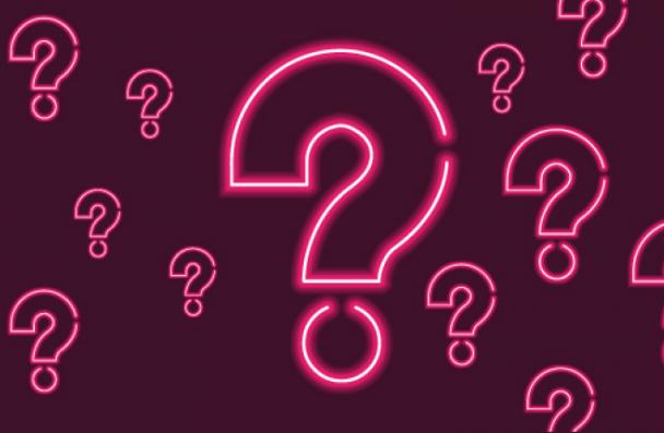 Purple background with question marks