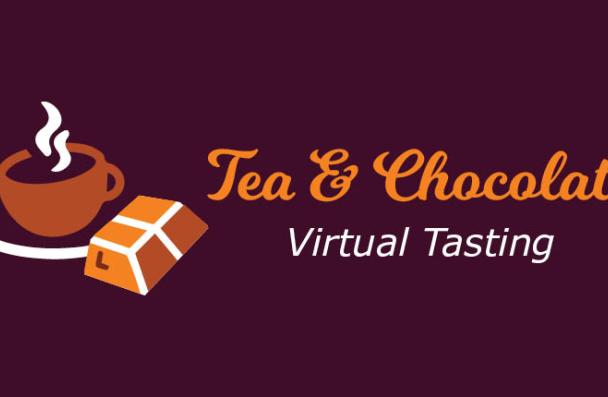 Tea and chocolate virtual tasting title with tea cup and chocolate graphic
