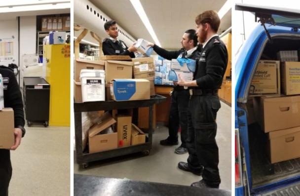 Collage of boxes of medical supplies being delivered