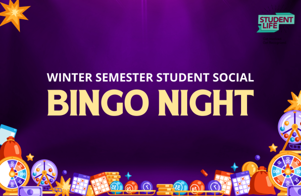 A purple graphic with Bingo icons promoting Bingo Night with Student Life.
