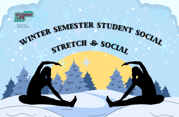 A graphic of a winter scene with silhouettes doing stretching activities.