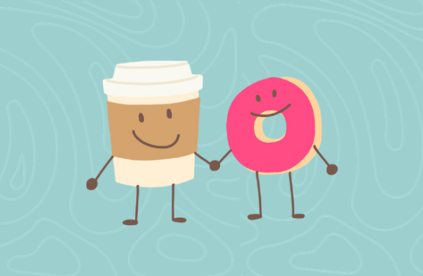 A cup and a donut holding hands. 